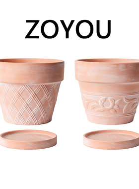 复古红陶浮雕陶土多肉花盆陶瓷素烧美式风粗陶透气红陶盆室内阳台