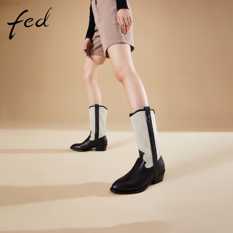 fed沙漠骑士真皮秋冬女鞋粗跟靴子女靴高筒骑士靴牛仔靴西部靴女