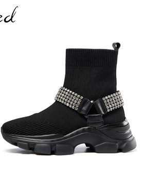 fed袜靴女秋季新款靴子气质厚底黑色水钻单靴瘦瘦靴823-YA230-1