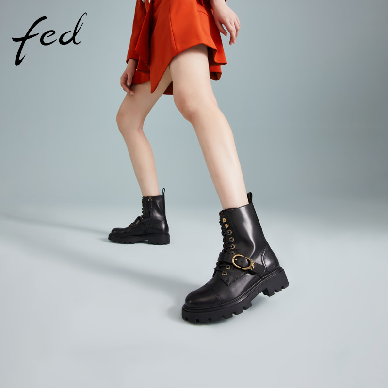 fed高级感头层牛皮秋冬真皮女鞋粗跟靴子女靴短靴机车靴马丁靴女