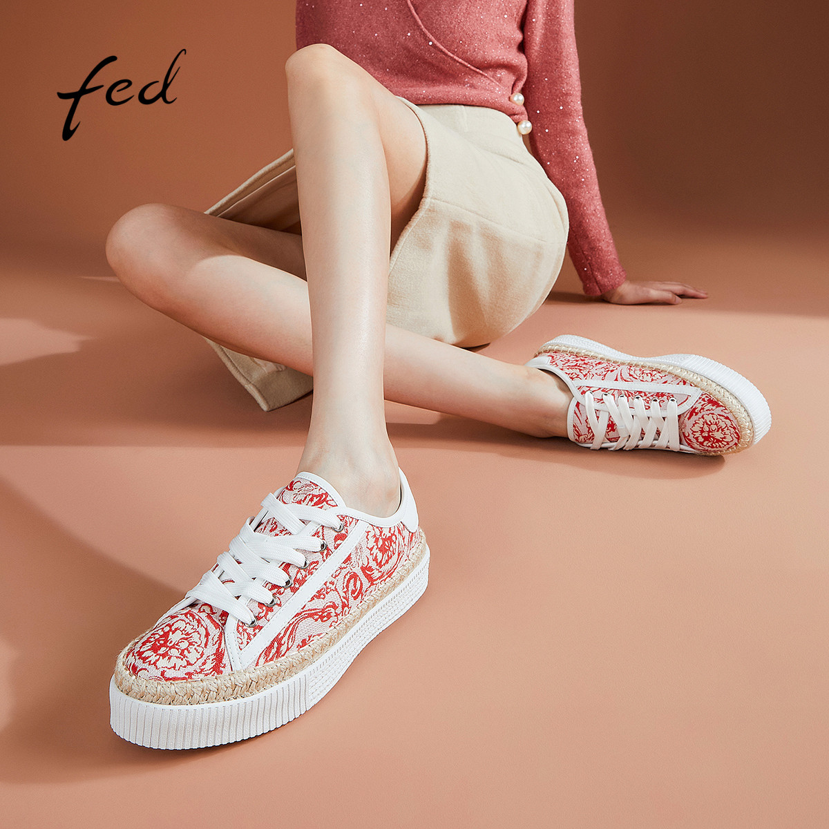 FED繁花女鞋秋季牛皮里垫麻绳平底运动休闲鞋女渔夫帆布鞋板鞋女