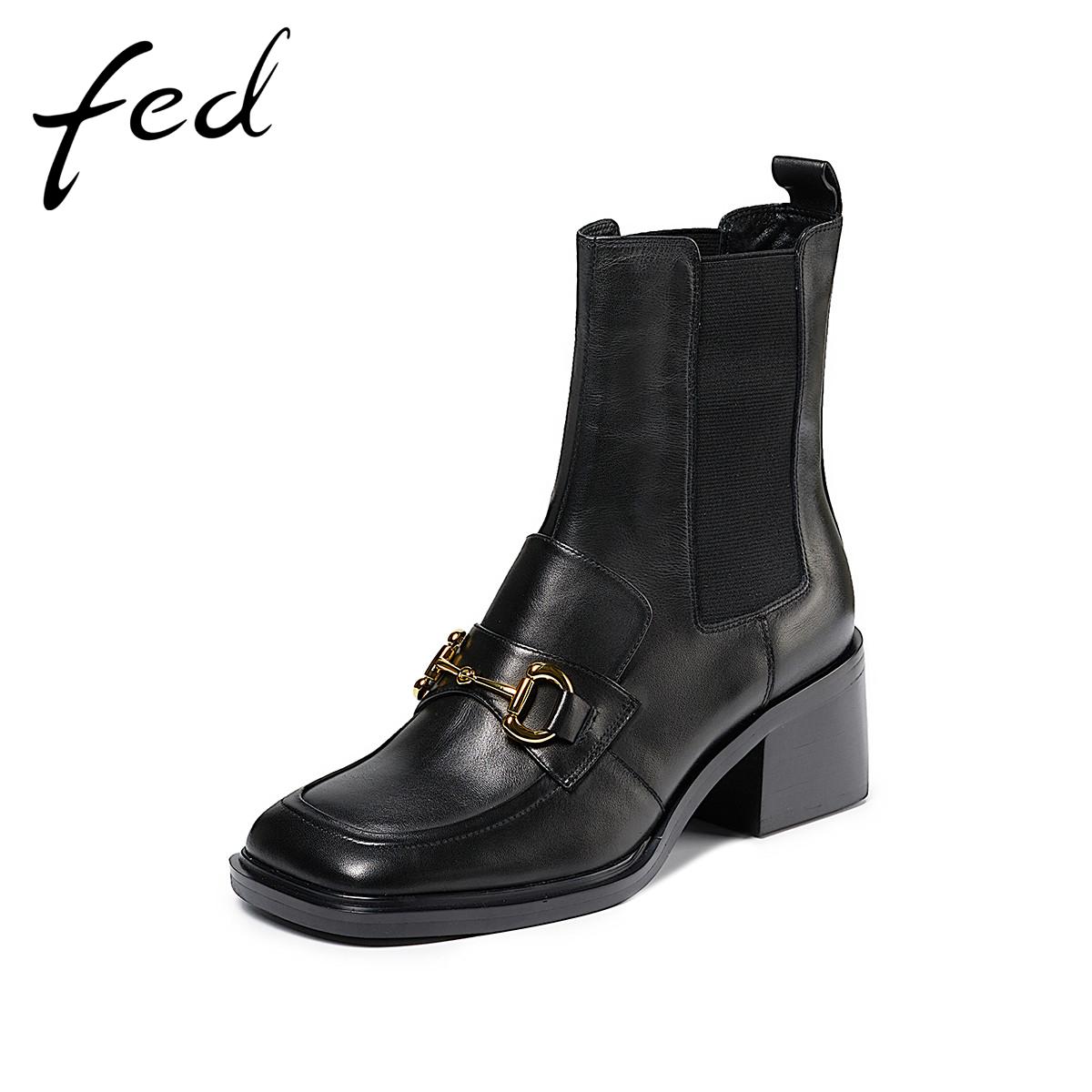 fed新款头层牛皮时装靴粗跟套筒短靴方头切尔西靴女AGB308_