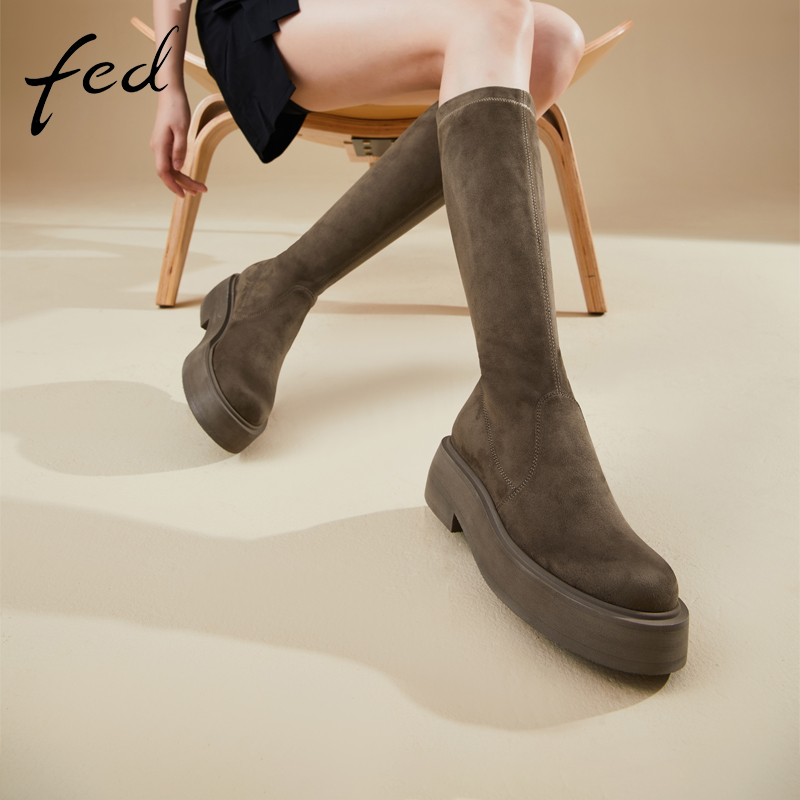 fed塑腿显瘦高丝光绒秋冬粗跟厚底靴子女靴高筒靴弹力靴骑士靴女