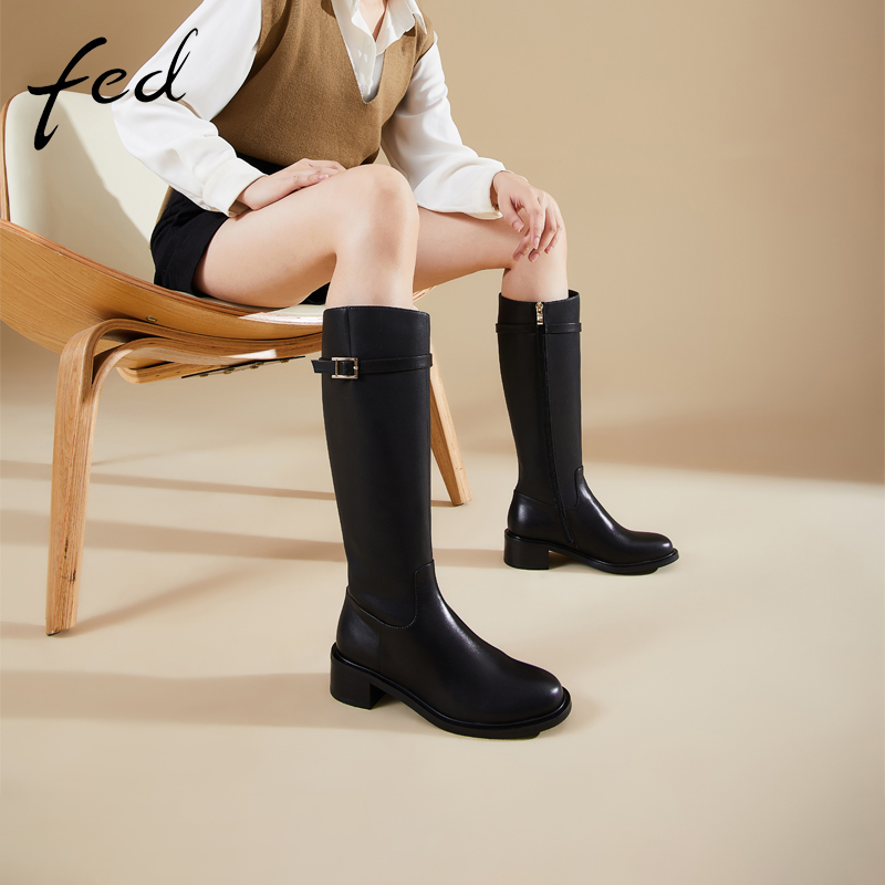 fed头层牛皮靴面秋冬真皮女鞋粗跟靴子女靴高筒靴西部靴骑士靴女