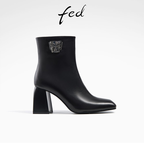 fed高级感头层牛皮秋冬真皮女鞋粗高跟靴子女短靴切尔西时装靴女