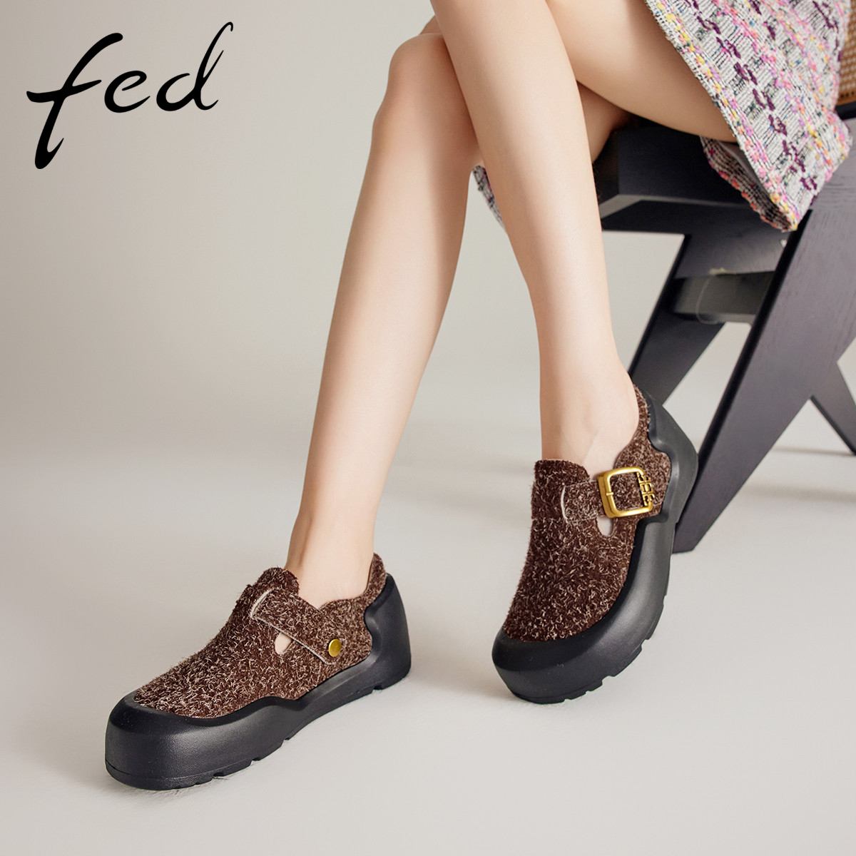 fed雪花牛皮女鞋秋季真皮轻便厚底复古休闲鞋运动玛丽珍勃肯鞋女