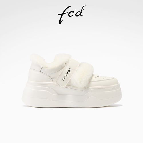 fed羊毛保暖真皮秋冬女鞋松糕厚底运动休闲鞋雪地靴棉鞋德训鞋女