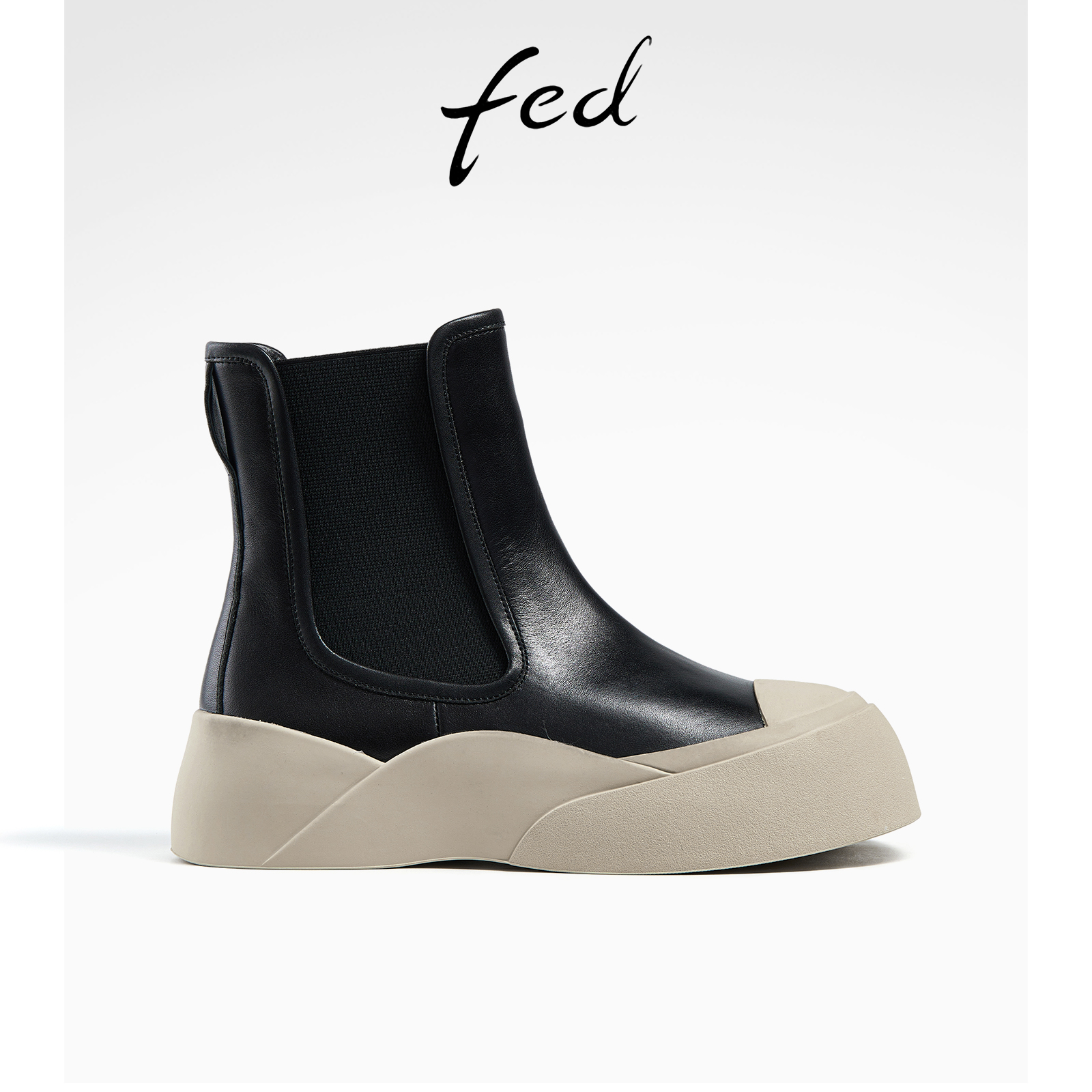 fed高级感头层牛皮秋冬真皮休闲厚底靴子女靴短靴切尔西烟筒靴女