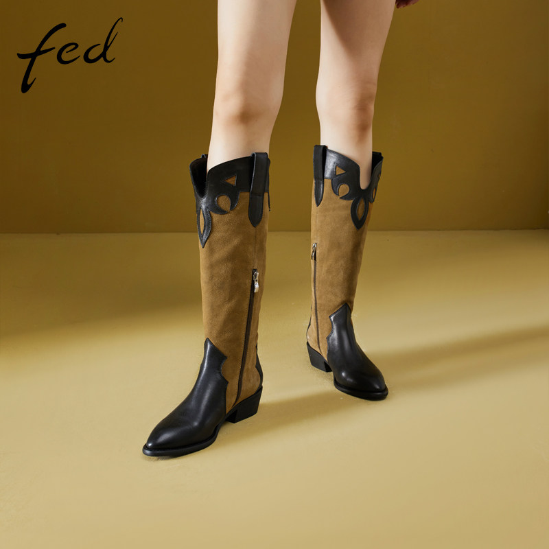 fed牛仔女郎真皮秋冬女鞋布洛克粗跟靴子女高筒靴骑士靴西部靴女