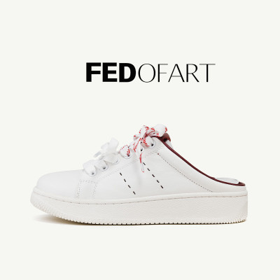 fed头层牛皮春季真皮平底一脚蹬运动休闲穆勒半拖鞋板鞋小白鞋女