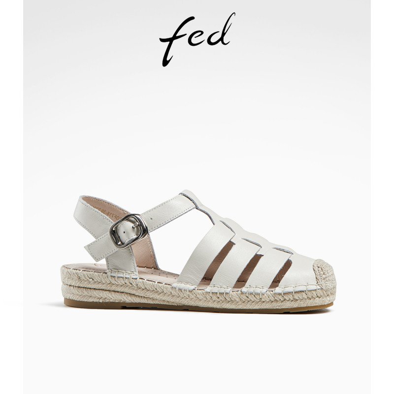 fed头层牛皮春夏女凉鞋真皮编织包头后空猪笼鞋渔夫鞋罗马凉鞋女