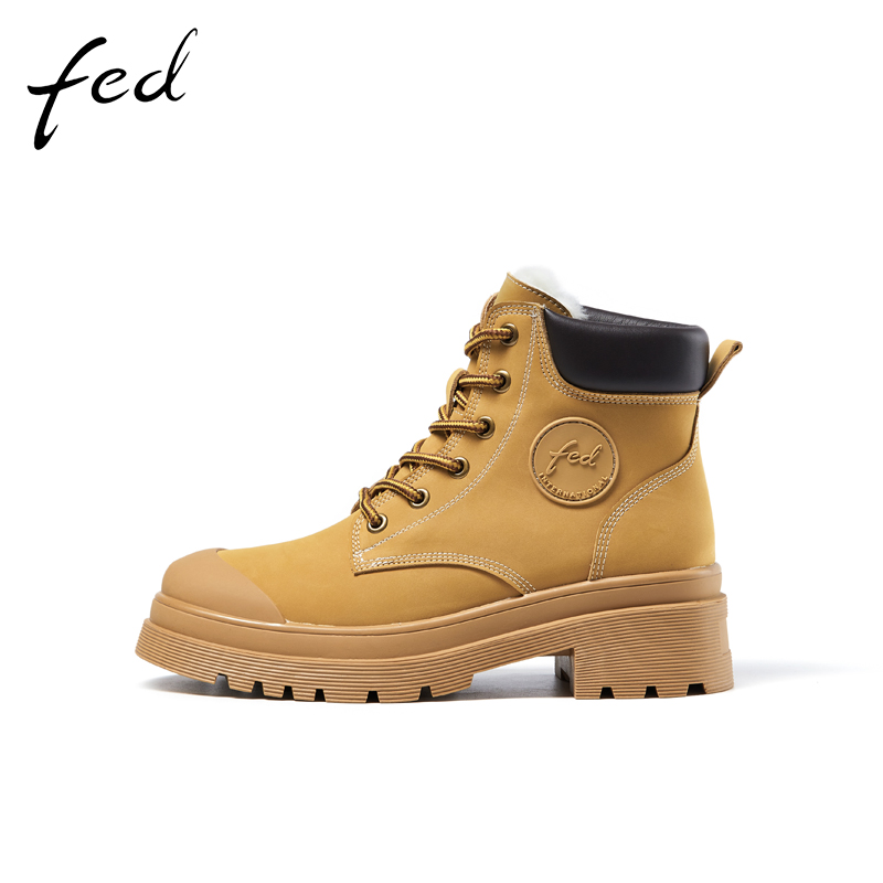 fed羊毛皮靴女鞋秋冬厚底靴子女短靴马丁靴保暖户外雪地大黄靴女