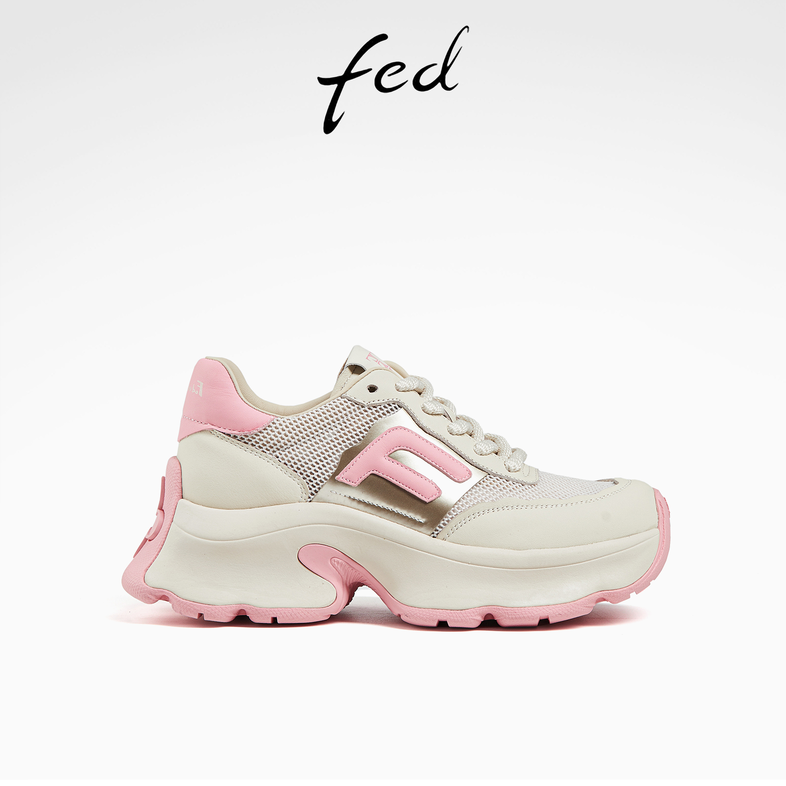 fed牛皮女鞋秋季增高松糕厚底休闲鞋运动鞋女潮鞋网面鞋老爹鞋女