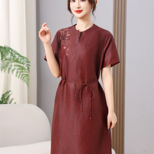 香云纱连衣裙红云纱龟纹高档气质圆领妈妈宽松洋气2025夏装真丝裙