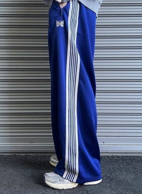 24ss NEEDLES TRACK蝴蝶刺绣蓝色宽版长裤灯笼裤运动阔腿胖胖裤