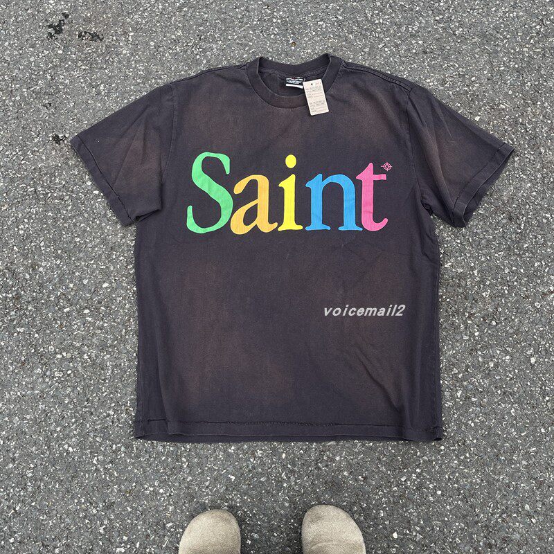 Nic Saint Michael美式复古彩色字母裂纹印花VTG水洗宽松短袖T恤