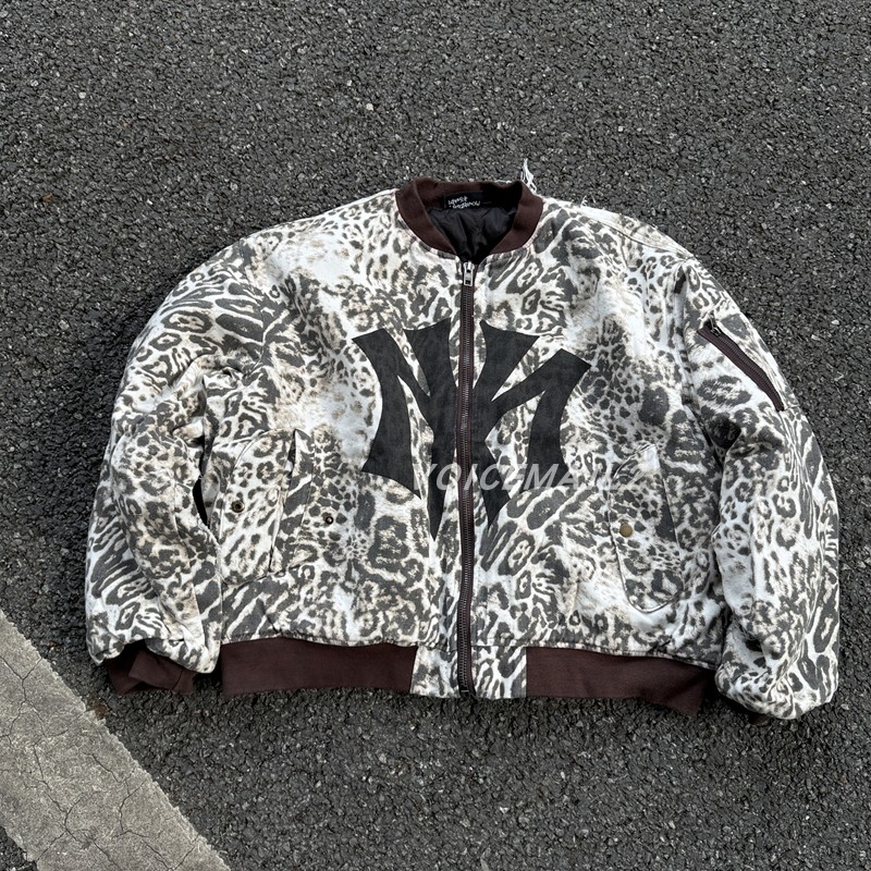 Mowalola Bomber豹纹破坏撕烂拉链棉服欧美嘻哈宽松MA1棉夹克外套