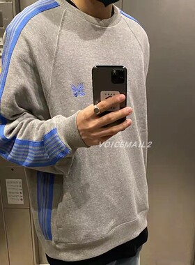 Needles track蝴蝶织带美式复古情侣休闲运动圆领毛圈套头卫衣男