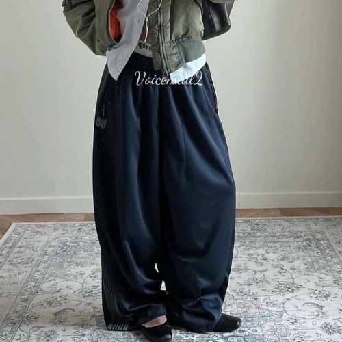 NEEDLES HD藏青色蝴蝶刺绣长裤宽版欧美运动灯笼裤直筒阔腿胖胖裤