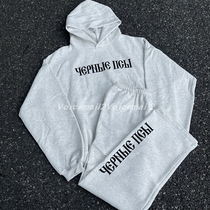 KANYE侃爷GOSHA BLACK DOG俄文字母灰色宽松运动连帽卫衣直筒长裤
