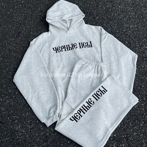 KANYE侃爷GOSHA BLACK DOG俄文字母灰色宽松运动连帽卫衣直筒长裤
