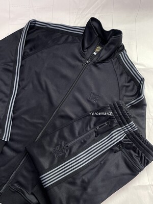 NEEDLES TRACK JACKET蝴蝶刺绣黑灰条纹复古宽松运动夹克长裤套装