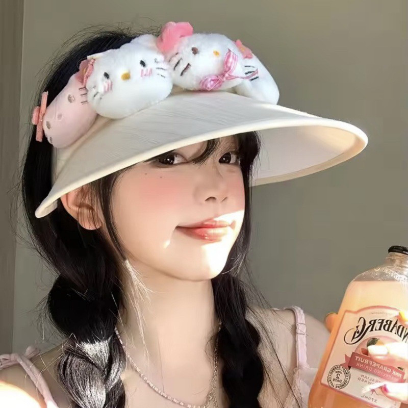 HelloKitty遮阳帽玩偶骑车猫夏季网红防晒kt空顶户外少女帽紫外线