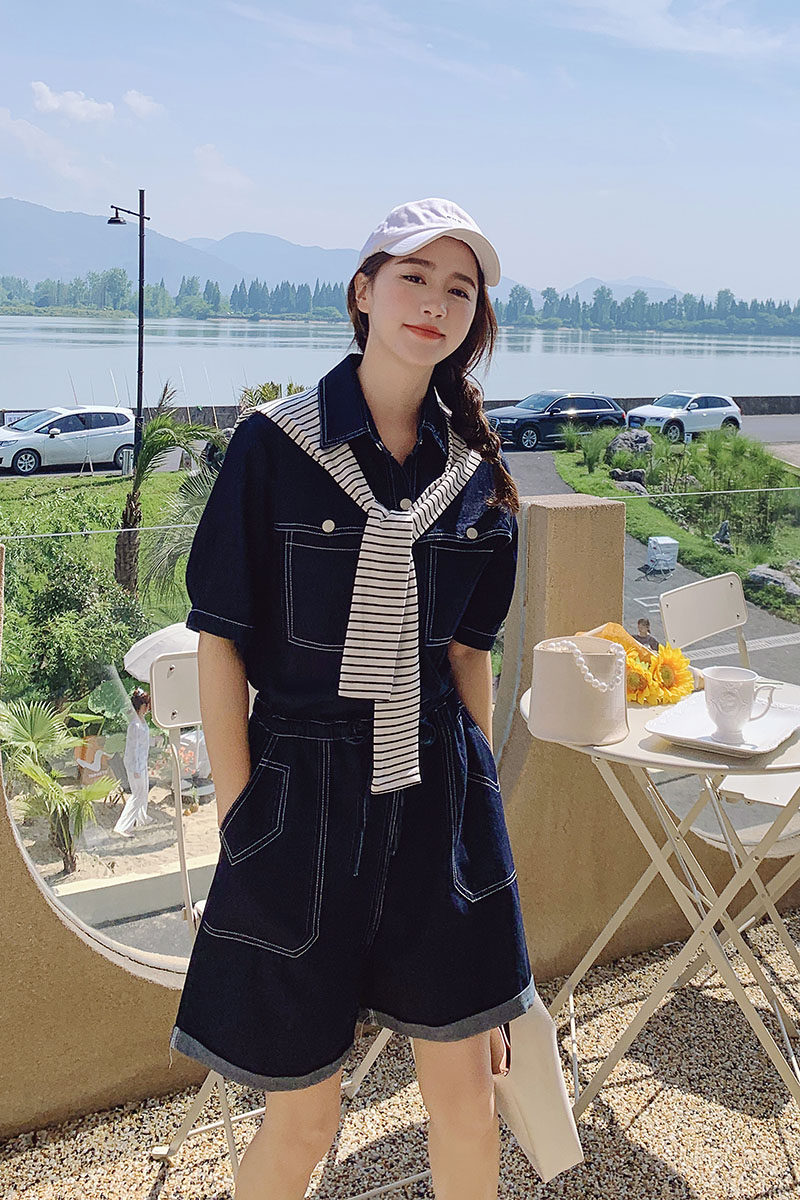 2023夏季女士宽松休闲显瘦牛仔连体裤短裤阔腿裤小个子学生连体衣,女装连体裤,铱本正襟