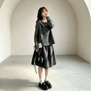 波点打底娃娃领呢子背心花苞半身裙三件套减龄名媛气质氛围感秋女