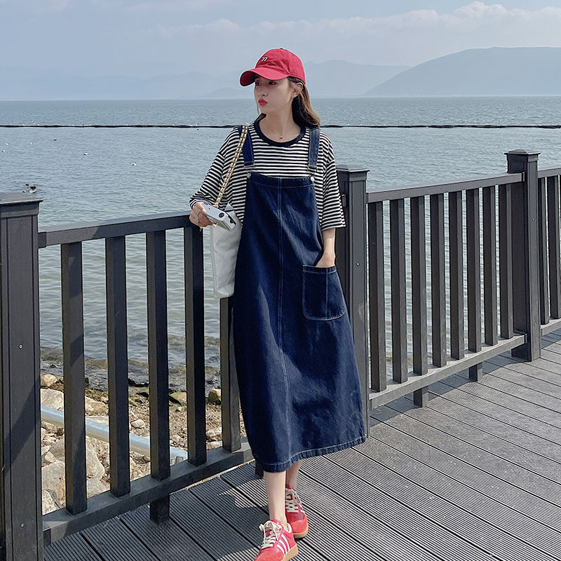简约宽松牛仔背带裙女2024夏季新款韩系chic炸街减龄连衣裙两件套，女装连衣裙，铱本正襟
