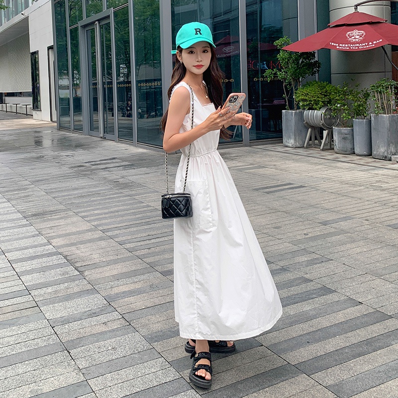 原创夏季背带气质裙子吊带高腰显瘦夏季女士2023新款休闲连衣裙，女装连衣裙，铱本正襟