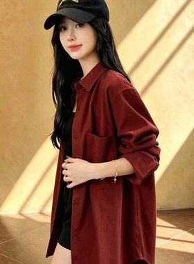 新年红衬衣女2026秋冬新款韩范简约宽松衬衫加绒打底保暖内搭外衣
