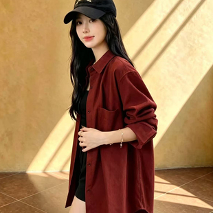 新年红衬衣女2026秋冬新款韩范简约宽松衬衫加绒打底保暖内搭外衣