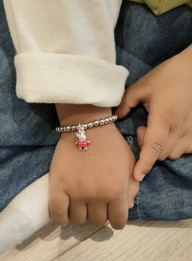 s925纯银超人卡通项链小猪手链男孩吊坠儿童圆珠链宝宝手镯男童