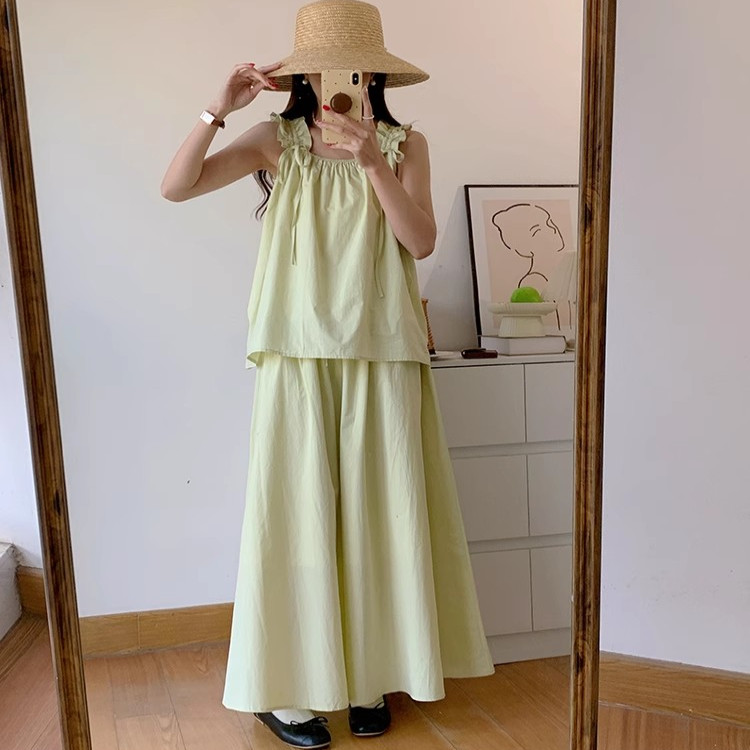法式温柔风套装女夏宽松时尚木耳边吊带背心上衣高腰半身裙两件套
