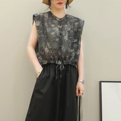 夏季新款抽绳印花短款无袖衬衫女