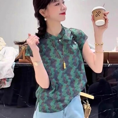 新中式国风印花气质短袖衬衫女