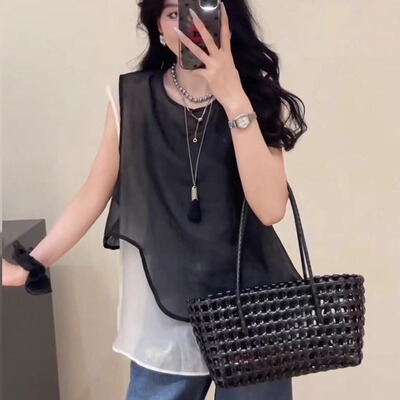 韩系设计感纱纱拼接假两件女上衣