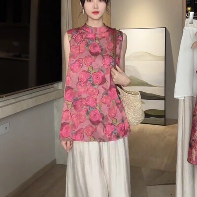 新中式国无袖上衣阔腿裤两件套女