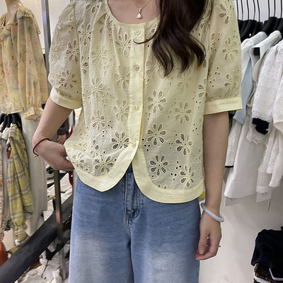 韩系小香风蕾丝刺绣短袖衬衫女