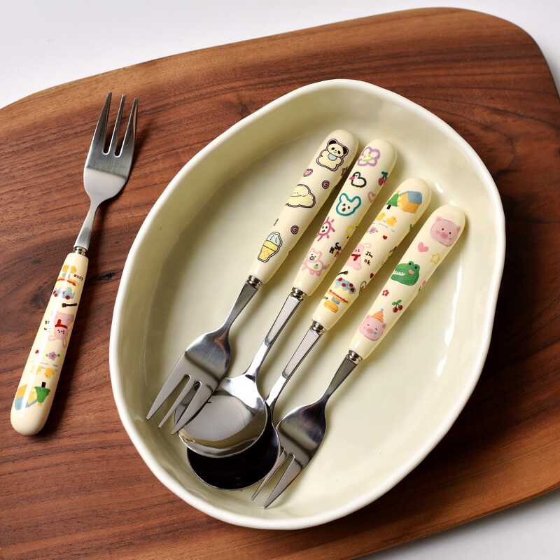 童趣创意勺子陶瓷柄叉子创意胖嘟嘟餐具饭勺儿童餐勺餐叉加粗手柄