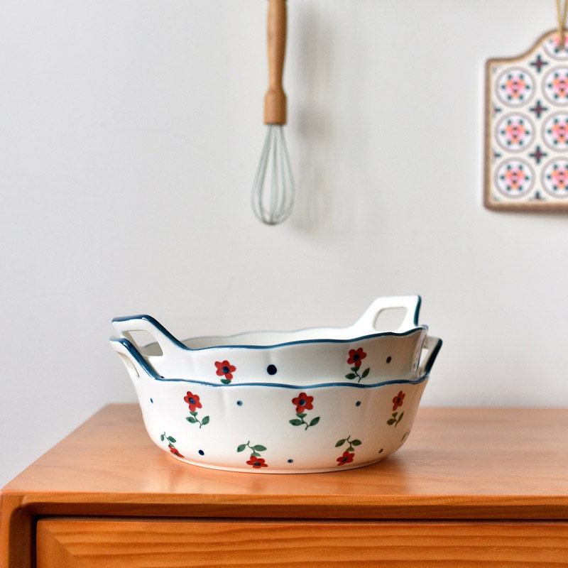 日式清新复古手绘小花双耳大水盘果盘汤盘高温釉下彩漂亮的盘子,餐饮具,盘,淘宝优惠券,粉丝福利购,淘宝优惠卷