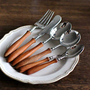 法式复古西餐餐具花梨实木柄刀叉勺不锈钢下午茶出片咖啡甜品勺子