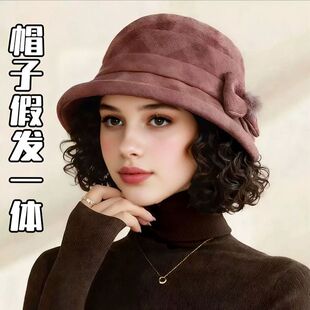 秋冬帽子假发一体优雅气质短卷发蝴蝶结渔夫帽复古格子假发一体帽