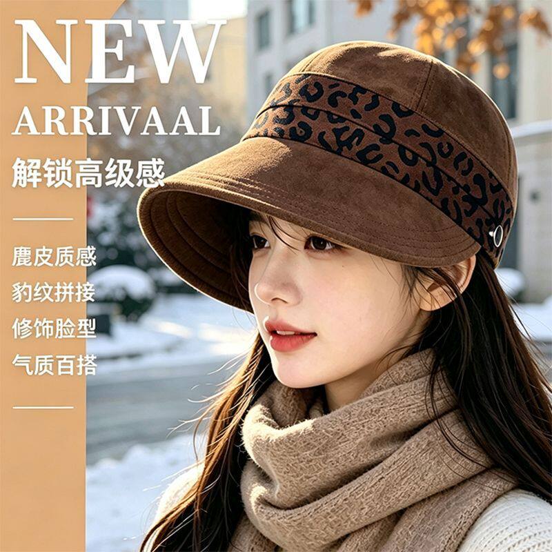 复古豹纹渔夫帽女秋冬宽檐显脸小百搭鸭舌帽大头围马术帽2026新款