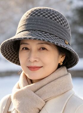 格纹秋冬新款老太太中老年帽妈妈优雅礼帽渔夫帽毛呢保暖奶奶盆帽
