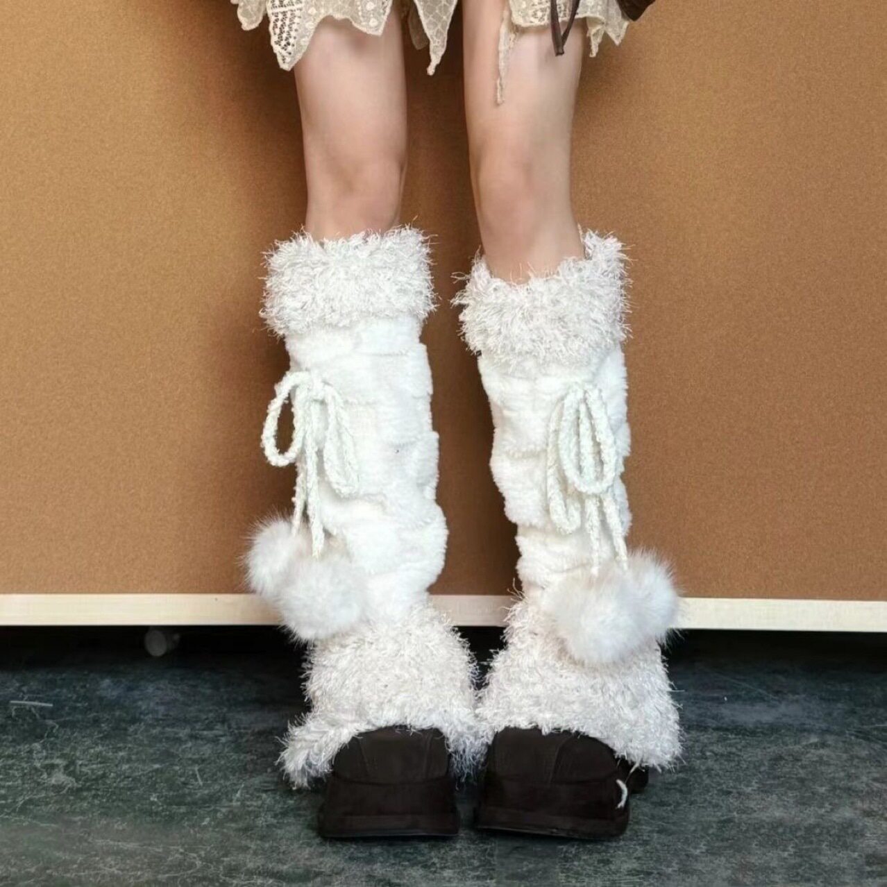 新款甜美冬季加厚保暖毛绒腿套女蝴蝶结毛毛护腿袜套雪地靴堆堆袜