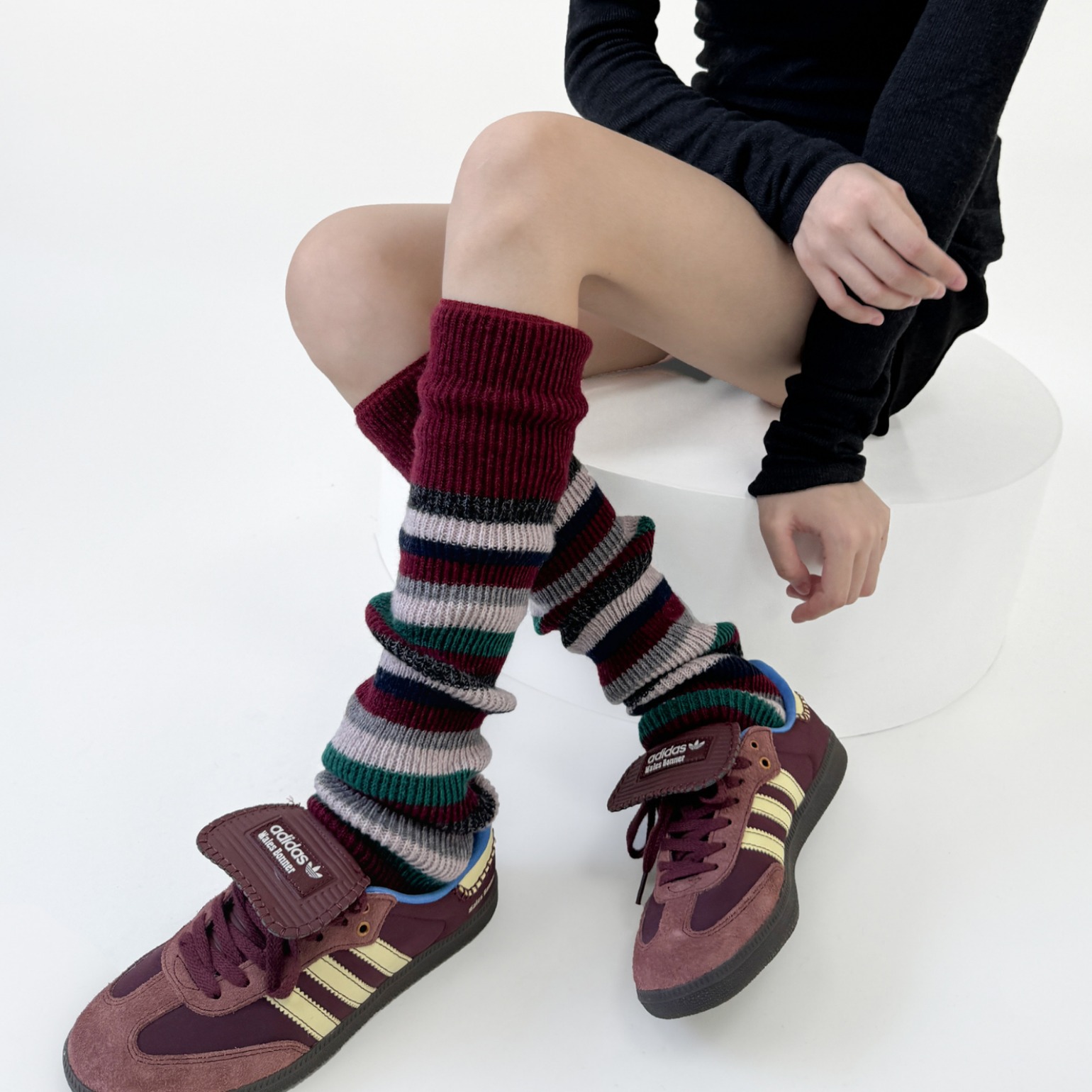 秋冬复古JK条纹针织拼色腿套美式学院风毛线保暖小腿堆堆撞色袜套