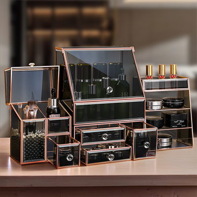 玻璃化妆品收纳盒桌面新款防尘化妆刷口红盒高级感护肤品置物架