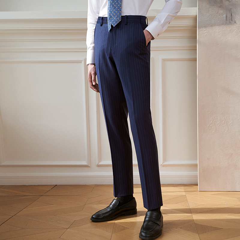 澳嘉正装西裤男商务休闲蓝色条纹2025夏季新款直筒西装裤羊毛裤子